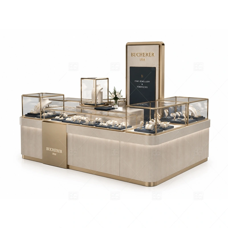 Beige Jewelry Kiosk with Tall Brand Sign with beige surfaces for warm luxury and soft mall lighting shown in the beige jewelry kiosk with tall brand sign product photos, with tall signage planning for long-distance mall visibility