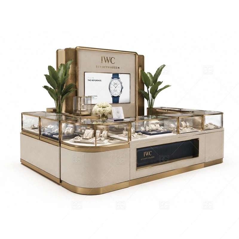 Beige Jewelry Kiosk with Tall Brand Sign layout showing tall signage planning for long-distance mall visibility shown in the beige jewelry kiosk with tall brand sign product photos, with corridor traffic where the front sign must be readable before shoppers pass the counter