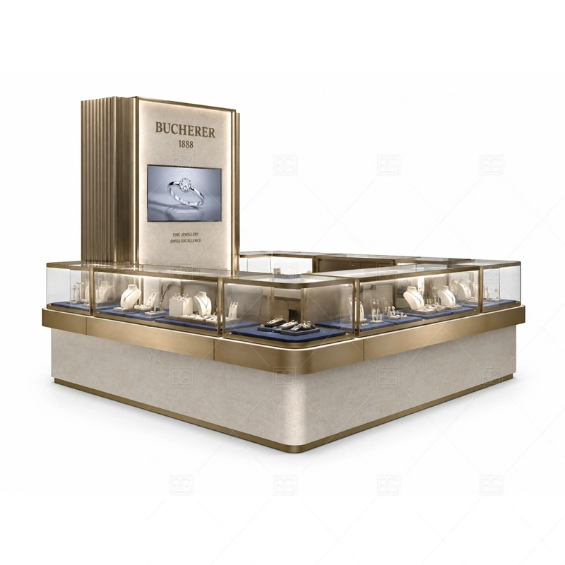Beige Jewelry Kiosk with Tall Brand Sign display detail for glass showcases and customer-facing jewelry display zones planned for rings, necklaces, watches, bracelets, gift sets, and small accessories in the beige jewelry kiosk with tall brand sign layout
