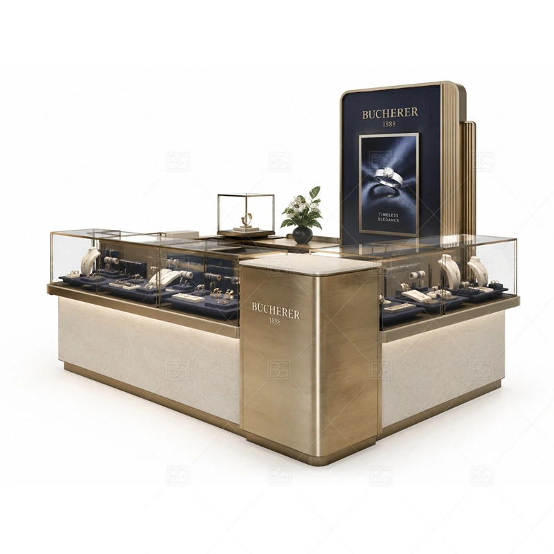 Beige Jewelry Kiosk with Tall Brand Sign branding detail for logo sign and front brand panels coordinated with beige surfaces for warm luxury and soft mall lighting for the beige jewelry kiosk with tall brand sign front presentation