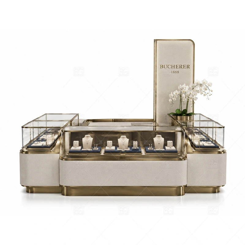 Beige Jewelry Kiosk with Tall Brand Sign storage detail for under-counter tray drawers, lockable stock cabinets, POS space, and packaging storage planned for beige jewelry kiosk with tall brand sign