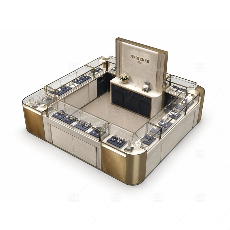 Beige Jewelry Kiosk with Tall Brand Sign buyer planning detail for Beige Jewelry Kiosk with Tall Brand Sign target size, glass showcase length, tray quantity, lockable drawer count, logo sign size, lighting color temperature, mall height limit, destination country