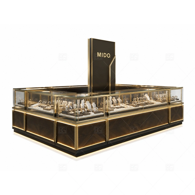 Black Gold Jewelry Kiosk with Rectangular Showcase with warm gold accents for a premium jewelry presentation shown in the black gold jewelry kiosk with rectangular showcase product photos, with rectangular showcase planning for a direct product-first counter layout