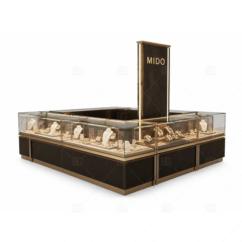 Black Gold Jewelry Kiosk with Rectangular Showcase layout showing rectangular showcase planning for a direct product-first counter layout shown in the black gold jewelry kiosk with rectangular showcase product photos, with center-court traffic with customers approaching from several sides