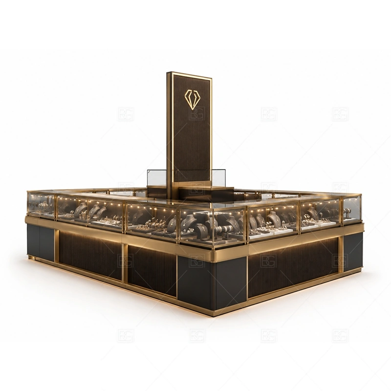 Black Gold Jewelry Kiosk with Rectangular Showcase display detail for glass showcases and customer-facing jewelry display zones planned for rings, necklaces, watches, bracelets, gift sets, and small accessories in the black gold jewelry kiosk with rectangular showcase layout