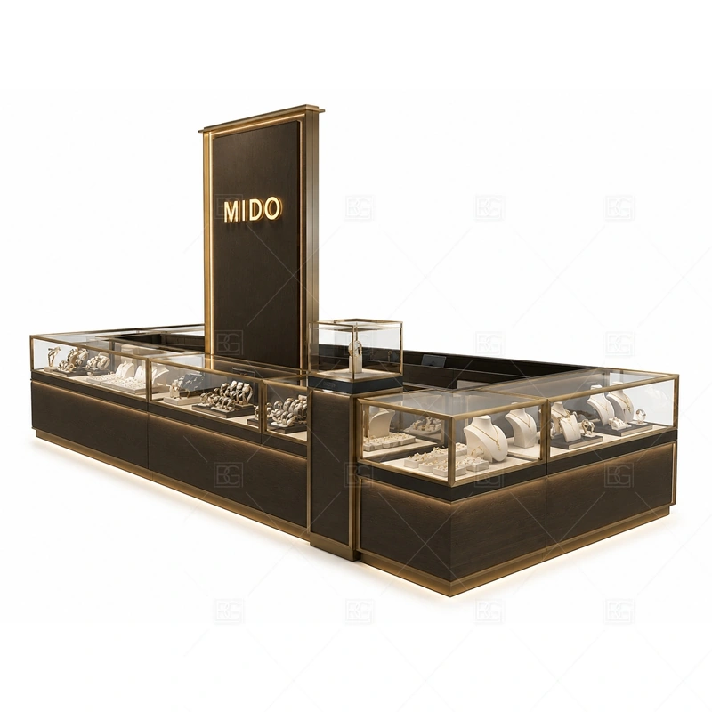 Black Gold Jewelry Kiosk with Rectangular Showcase branding detail for logo sign and front brand panels coordinated with warm gold accents for a premium jewelry presentation for the black gold jewelry kiosk with rectangular showcase front presentation