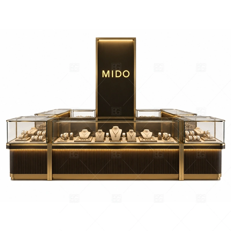 Black Gold Jewelry Kiosk with Rectangular Showcase storage detail for under-counter tray drawers, lockable stock cabinets, POS space, and packaging storage planned for black gold jewelry kiosk with rectangular showcase