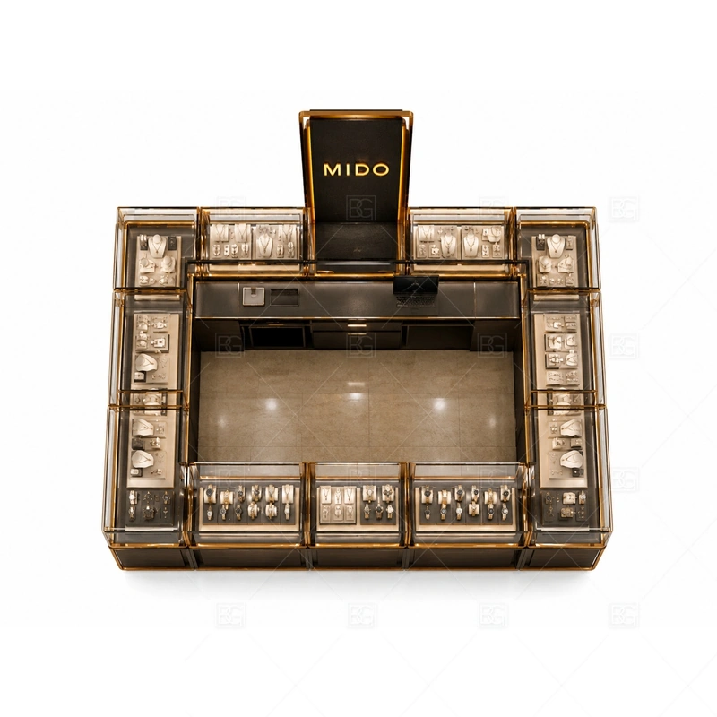 Black Gold Jewelry Kiosk with Rectangular Showcase buyer planning detail for Black Gold Jewelry Kiosk with Rectangular Showcase target size, glass showcase length, tray quantity, lockable drawer count, logo sign size, lighting color temperature, mall height limit, destination country