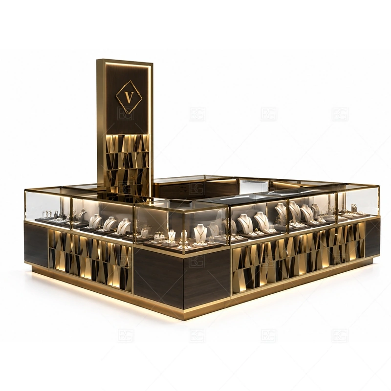 Black Gold Jewelry Kiosk with Vertical Display Wall with warm gold accents for a premium jewelry presentation shown in the black gold jewelry kiosk with vertical display wall product photos, with vertical display wall planning for higher product visibility in a compact footprint