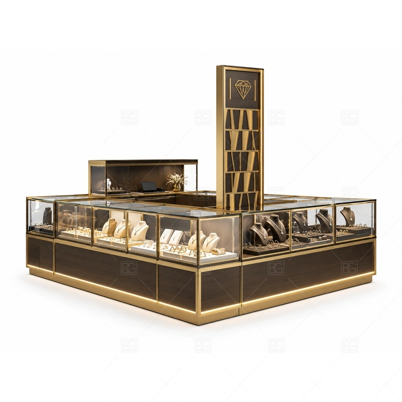 Black Gold Jewelry Kiosk with Vertical Display Wall layout showing vertical display wall planning for higher product visibility in a compact footprint shown in the black gold jewelry kiosk with vertical display wall product photos, with gift-shopping traffic where quick browsing and secure staff access need to work together
