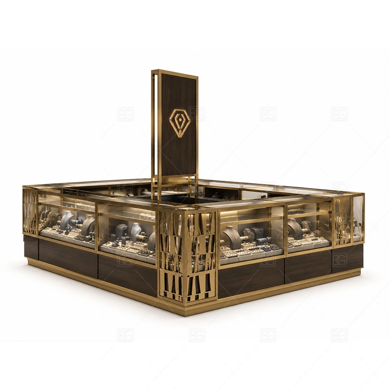 Black Gold Jewelry Kiosk with Vertical Display Wall display detail for glass showcases and customer-facing jewelry display zones planned for rings, necklaces, watches, bracelets, gift sets, and small accessories in the black gold jewelry kiosk with vertical display wall layout