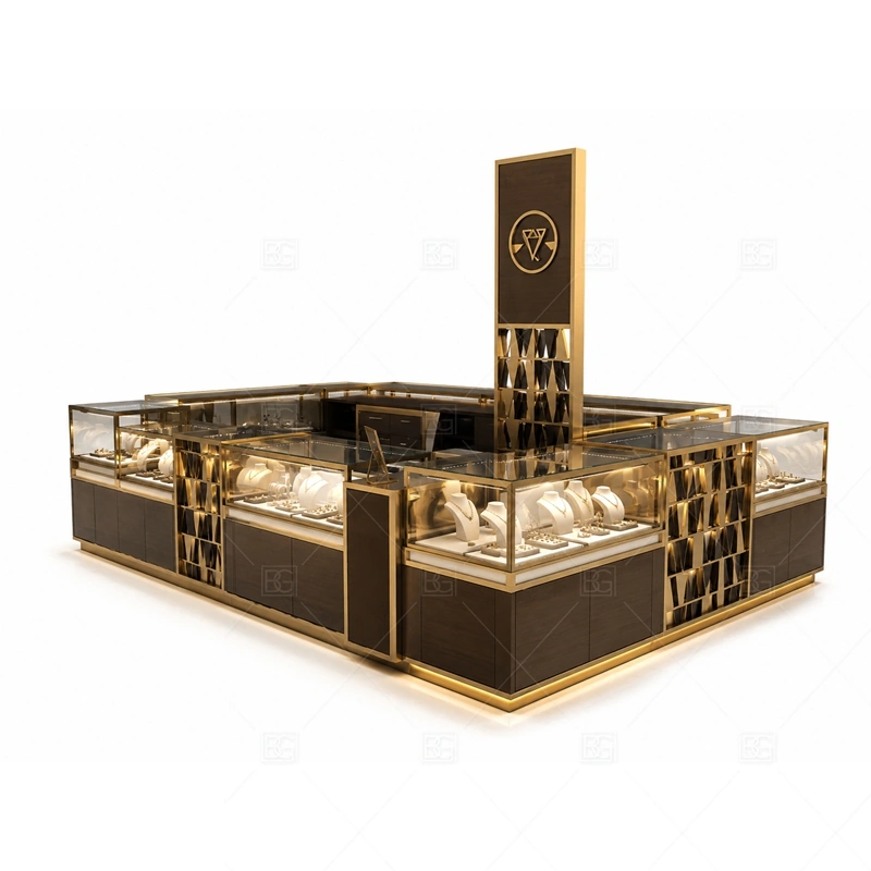 Black Gold Jewelry Kiosk with Vertical Display Wall branding detail for logo sign and front brand panels coordinated with warm gold accents for a premium jewelry presentation for the black gold jewelry kiosk with vertical display wall front presentation