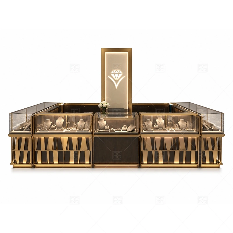 Black Gold Jewelry Kiosk with Vertical Display Wall storage detail for under-counter tray drawers, lockable stock cabinets, POS space, and packaging storage planned for black gold jewelry kiosk with vertical display wall