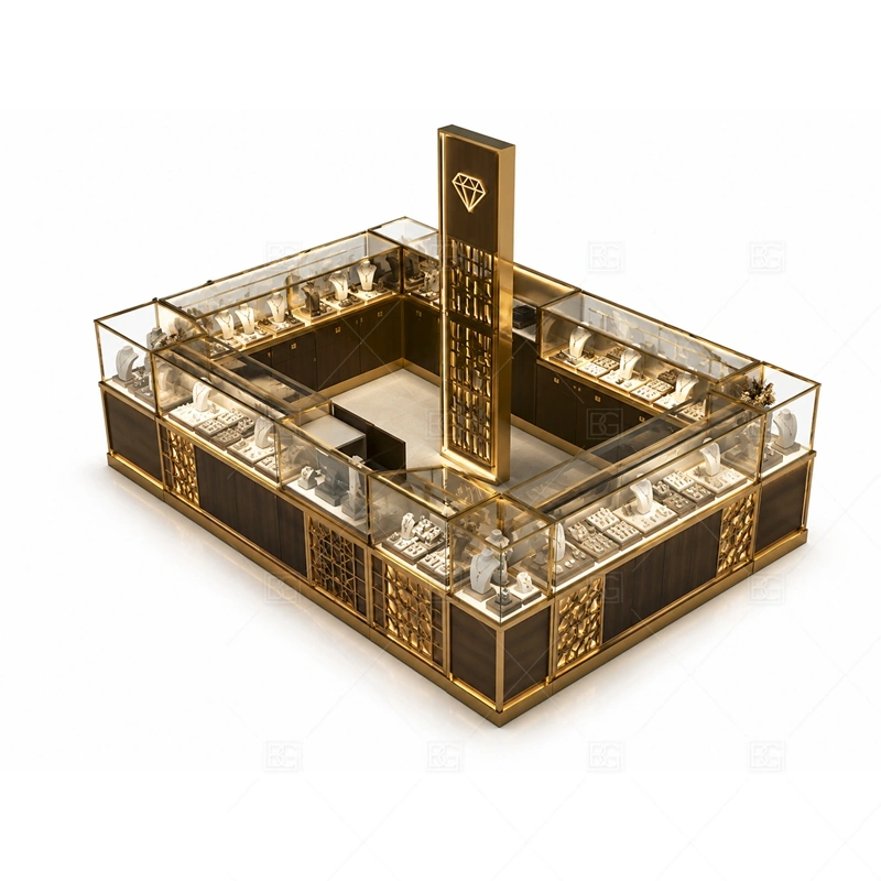 Black Gold Jewelry Kiosk with Vertical Display Wall buyer planning detail for Black Gold Jewelry Kiosk with Vertical Display Wall target size, glass showcase length, tray quantity, lockable drawer count, logo sign size, lighting color temperature, mall height limit, destination country