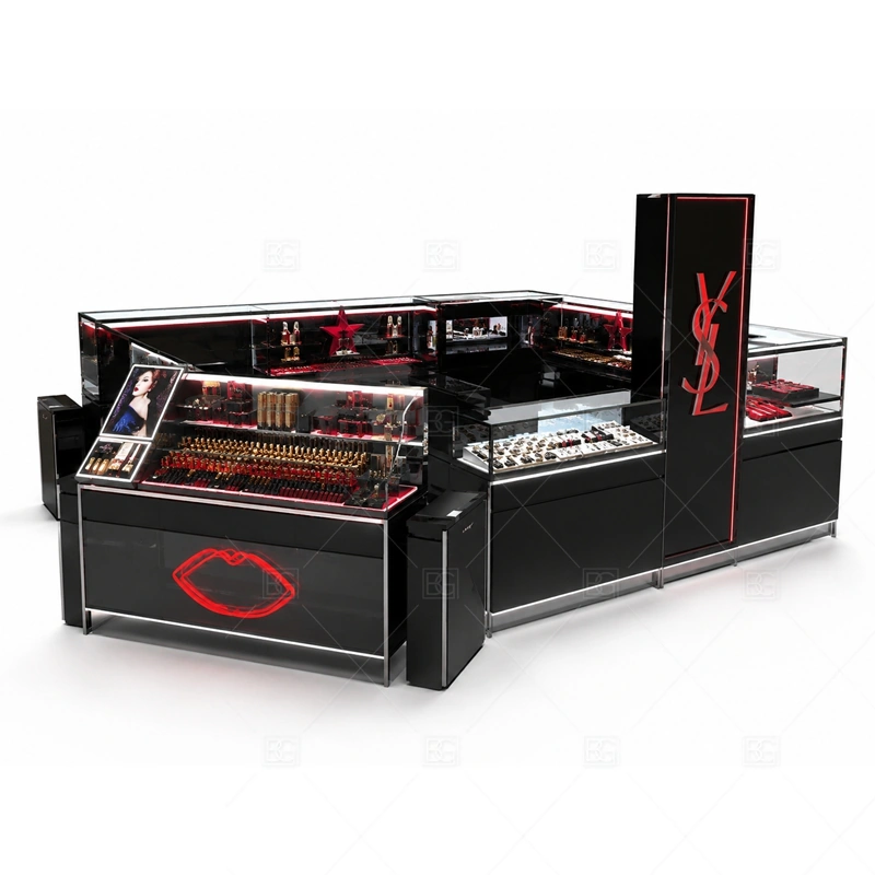 Black Red Jewelry Kiosk with Gloss Counters with black contrast panels for stronger luxury visibility shown in the black red jewelry kiosk with gloss counters product photos, with balanced glass counter planning for jewelry, watch, and accessory display