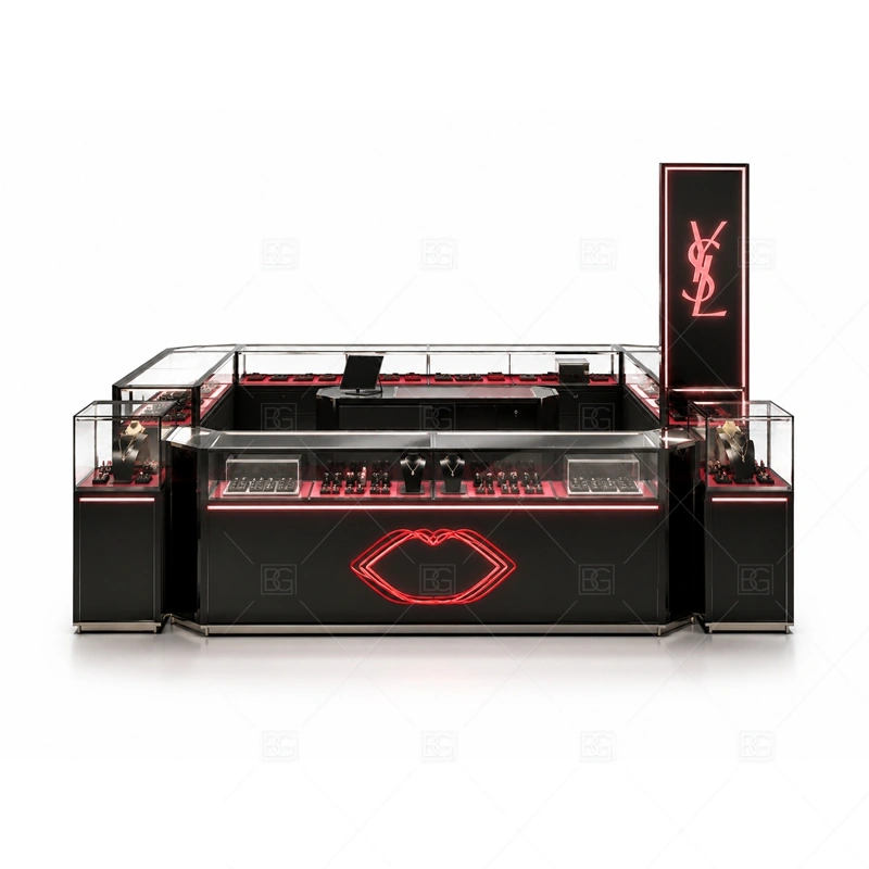 Black Red Jewelry Kiosk with Gloss Counters display detail for glass showcases and customer-facing jewelry display zones planned for rings, necklaces, watches, bracelets, gift sets, and small accessories in the black red jewelry kiosk with gloss counters layout