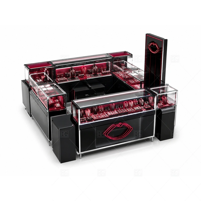 Black Red Jewelry Kiosk with Gloss Counters storage detail for under-counter tray drawers, lockable stock cabinets, POS space, and packaging storage planned for black red jewelry kiosk with gloss counters