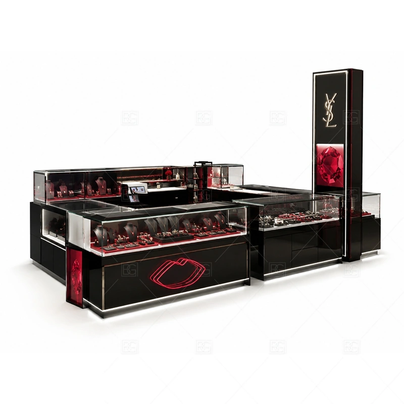 Black Red Jewelry Kiosk with Tall Signage layout showing tall signage planning for long-distance mall visibility shown in the black red jewelry kiosk with tall signage product photos, with corridor traffic where the front sign must be readable before shoppers pass the counter
