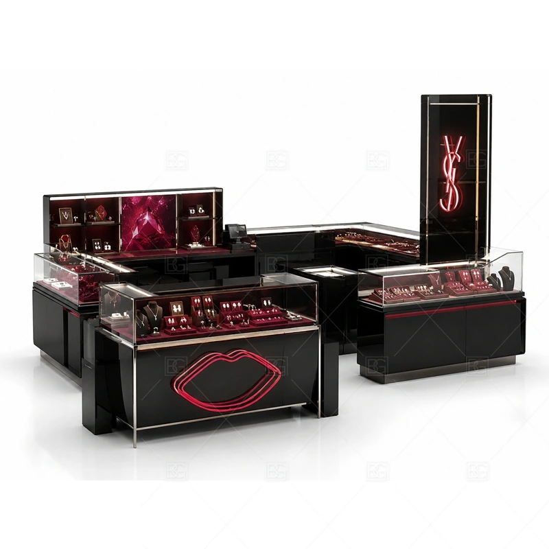 Black Red Jewelry Kiosk with Tall Signage display detail for glass showcases and customer-facing jewelry display zones planned for rings, necklaces, watches, bracelets, gift sets, and small accessories in the black red jewelry kiosk with tall signage layout