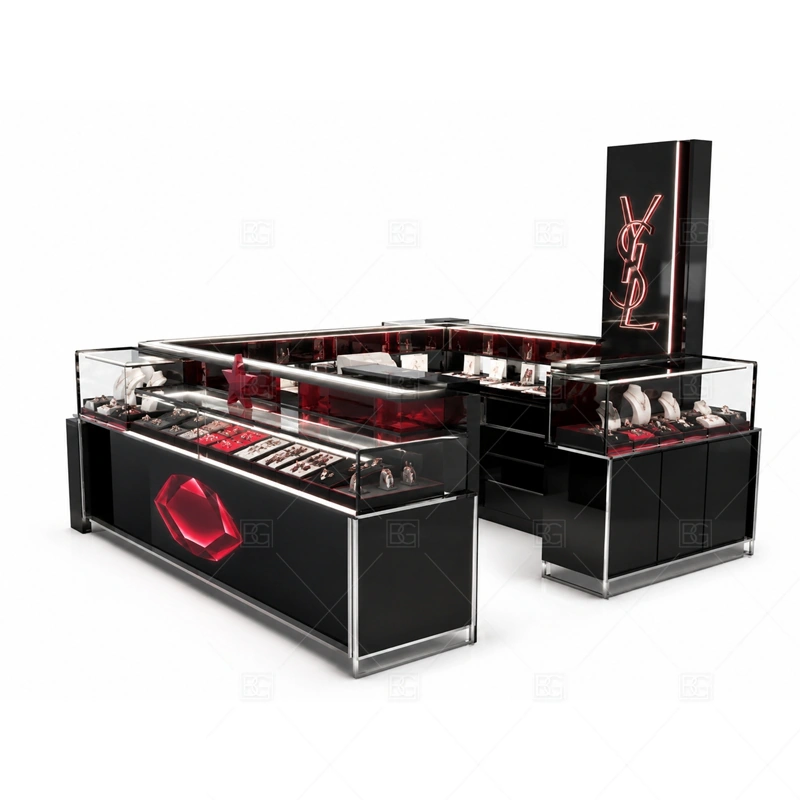 Black Red Jewelry Kiosk with Tall Signage storage detail for under-counter tray drawers, lockable stock cabinets, POS space, and packaging storage planned for black red jewelry kiosk with tall signage