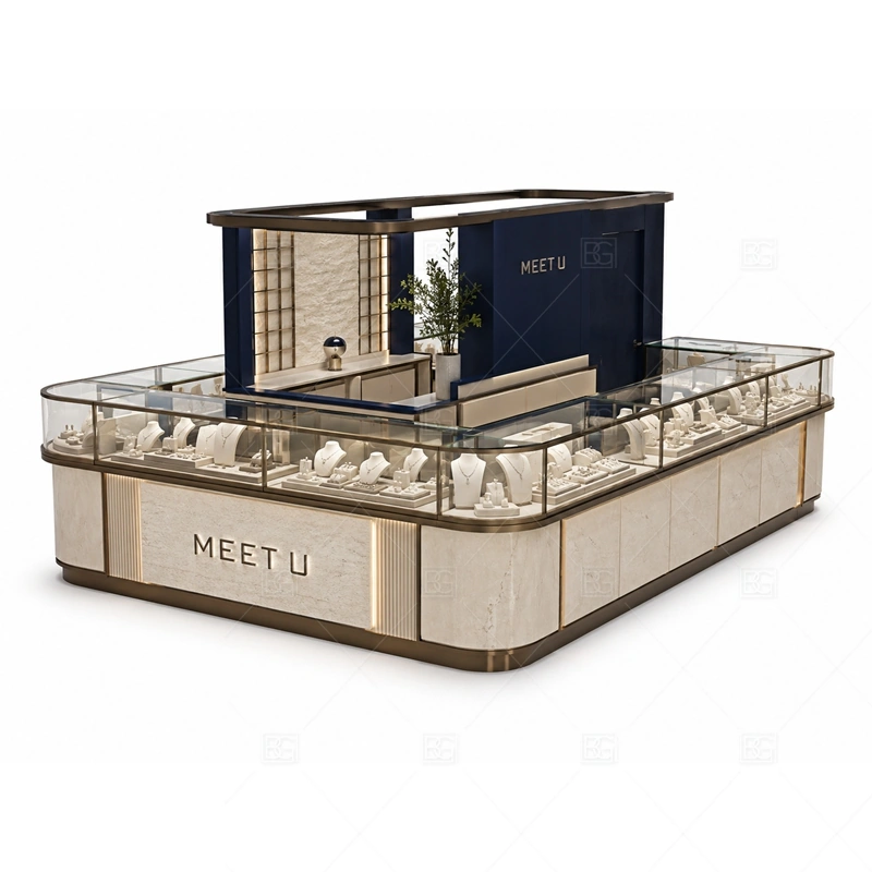 Black White Jewelry Kiosk with Tall Sign with black contrast panels for stronger luxury visibility shown in the black white jewelry kiosk with tall sign product photos, with tall signage planning for long-distance mall visibility