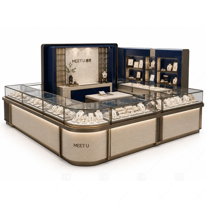 Black White Jewelry Kiosk with Tall Sign display detail for glass showcases and customer-facing jewelry display zones planned for rings, necklaces, watches, bracelets, gift sets, and small accessories in the black white jewelry kiosk with tall sign layout