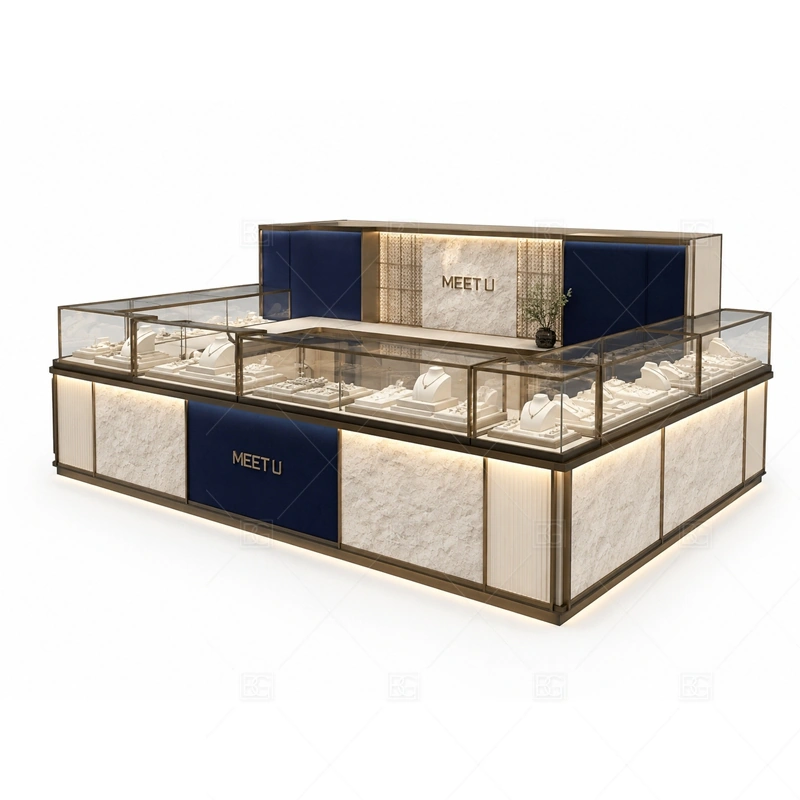 Black White Jewelry Kiosk with Tall Sign branding detail for logo sign and front brand panels coordinated with black contrast panels for stronger luxury visibility for the black white jewelry kiosk with tall sign front presentation