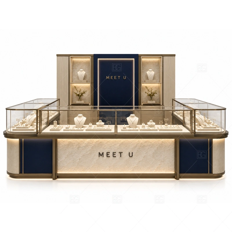Black White Jewelry Kiosk with Tall Sign storage detail for under-counter tray drawers, lockable stock cabinets, POS space, and packaging storage planned for black white jewelry kiosk with tall sign