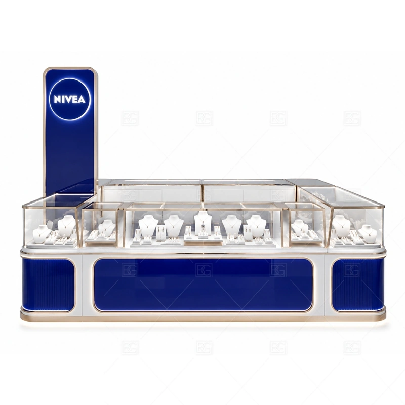 Blue White Jewelry Kiosk with Glass Showcase with white cabinet panels for a clean bright jewelry display shown in the blue white jewelry kiosk with glass showcase product photos, with glass showcase planning for secure jewelry display and clear product viewing