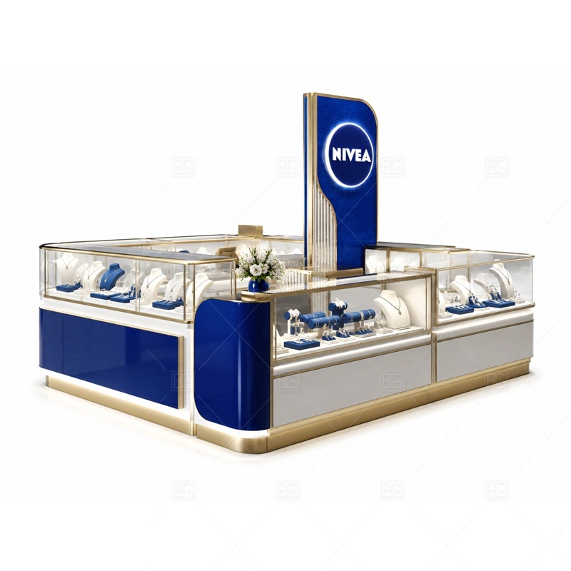 Blue White Jewelry Kiosk with Glass Showcase layout showing glass showcase planning for secure jewelry display and clear product viewing shown in the blue white jewelry kiosk with glass showcase product photos, with gift-shopping traffic where quick browsing and secure staff access need to work together