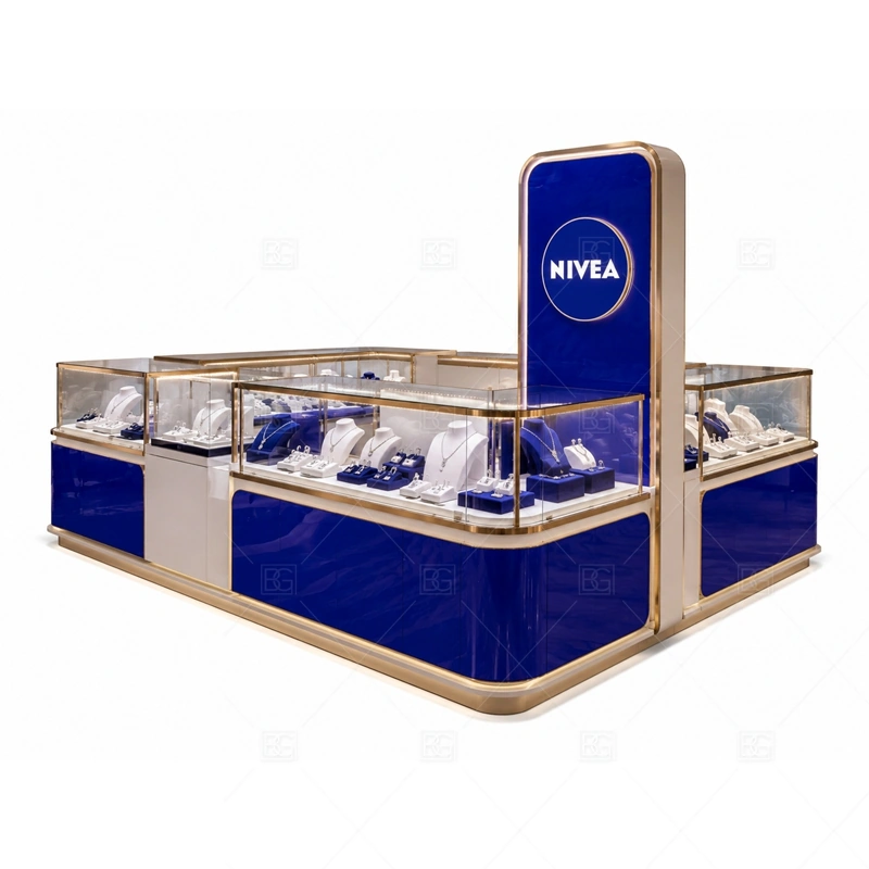 Blue White Jewelry Kiosk with Glass Showcase display detail for glass showcases and customer-facing jewelry display zones planned for rings, necklaces, watches, bracelets, gift sets, and small accessories in the blue white jewelry kiosk with glass showcase layout