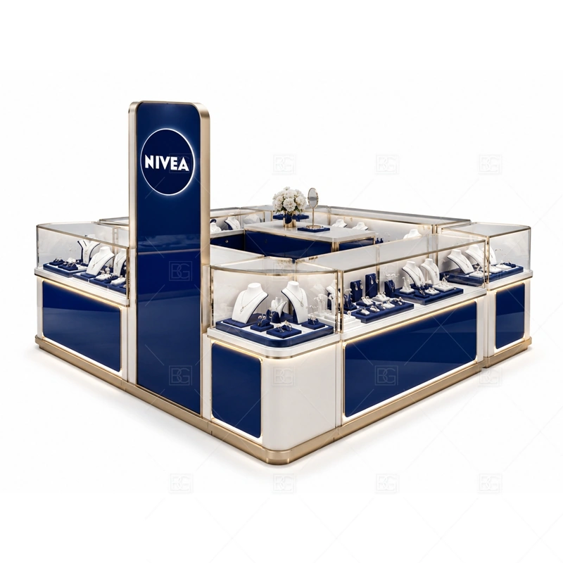 Blue White Jewelry Kiosk with Glass Showcase branding detail for logo sign and front brand panels coordinated with white cabinet panels for a clean bright jewelry display for the blue white jewelry kiosk with glass showcase front presentation