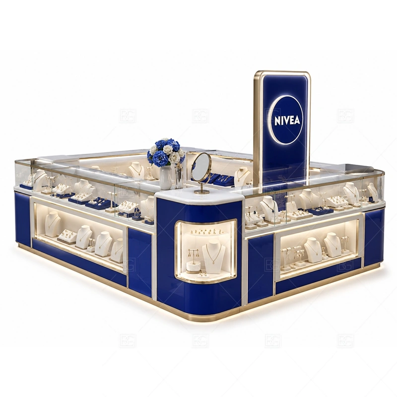 Blue White Jewelry Kiosk with Glass Showcase storage detail for under-counter tray drawers, lockable stock cabinets, POS space, and packaging storage planned for blue white jewelry kiosk with glass showcase