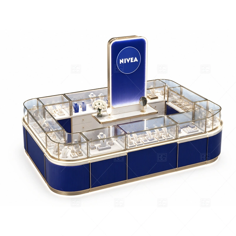 Blue White Jewelry Kiosk with Glass Showcase buyer planning detail for Blue White Jewelry Kiosk with Glass Showcase target size, glass showcase length, tray quantity, lockable drawer count, logo sign size, lighting color temperature, mall height limit, destination country