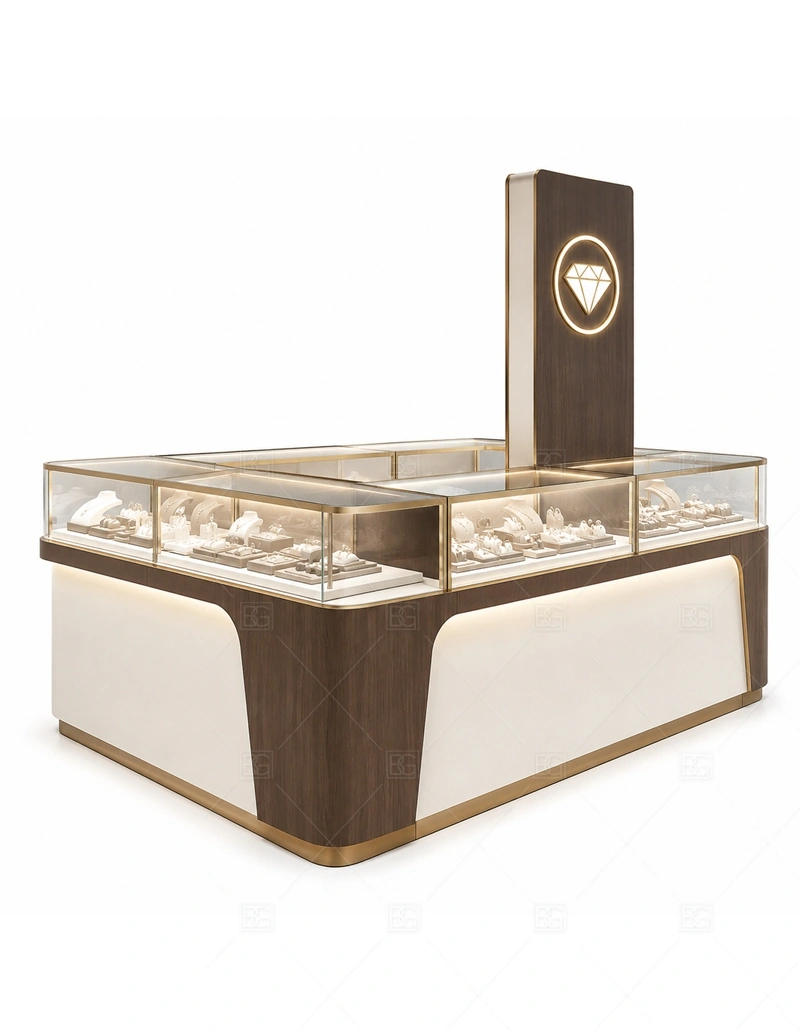 Brown White Jewelry Kiosk with Tall Sign with white cabinet panels for a clean bright jewelry display shown in the brown white jewelry kiosk with tall sign product photos, with tall signage planning for long-distance mall visibility