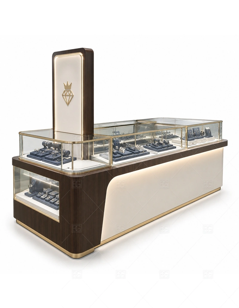 Brown White Jewelry Kiosk with Tall Sign layout showing tall signage planning for long-distance mall visibility shown in the brown white jewelry kiosk with tall sign product photos, with corridor traffic where the front sign must be readable before shoppers pass the counter