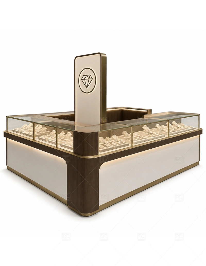 Brown White Jewelry Kiosk with Tall Sign display detail for glass showcases and customer-facing jewelry display zones planned for rings, necklaces, watches, bracelets, gift sets, and small accessories in the brown white jewelry kiosk with tall sign layout