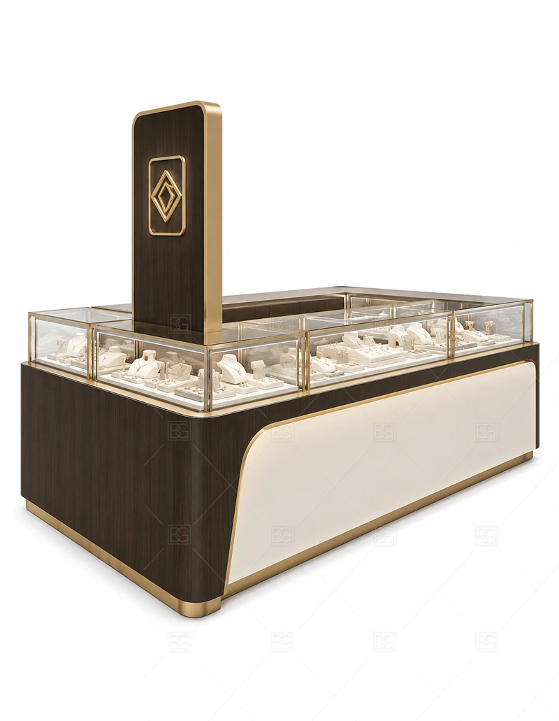 Brown White Jewelry Kiosk with Tall Sign branding detail for logo sign and front brand panels coordinated with white cabinet panels for a clean bright jewelry display for the brown white jewelry kiosk with tall sign front presentation