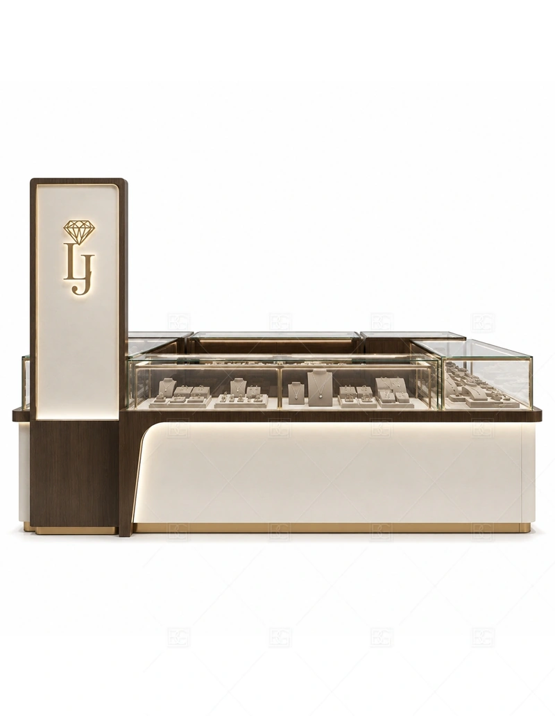 Brown White Jewelry Kiosk with Tall Sign storage detail for under-counter tray drawers, lockable stock cabinets, POS space, and packaging storage planned for brown white jewelry kiosk with tall sign