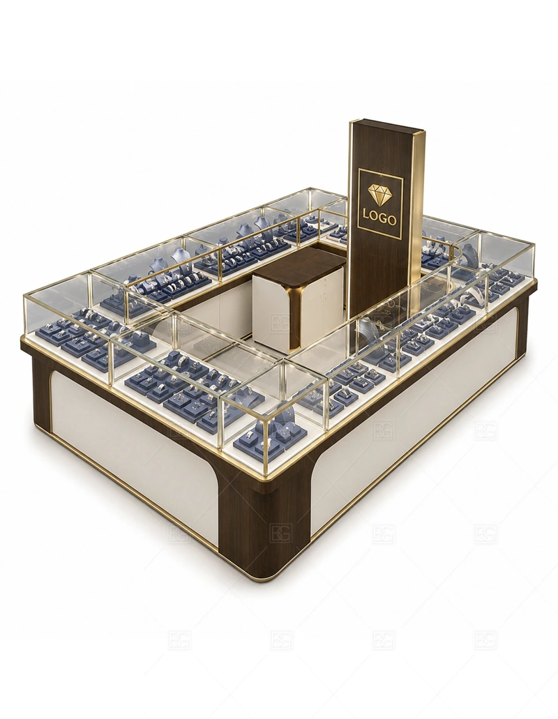 Brown White Jewelry Kiosk with Tall Sign buyer planning detail for Brown White Jewelry Kiosk with Tall Sign target size, glass showcase length, tray quantity, lockable drawer count, logo sign size, lighting color temperature, mall height limit, destination country