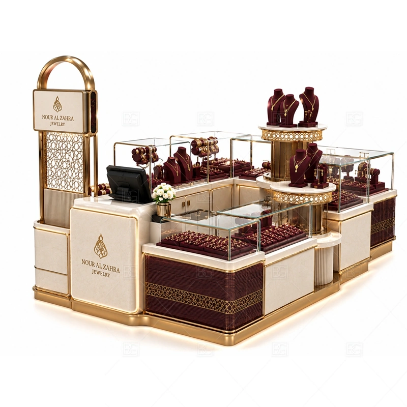 Burgundy Jewelry Kiosk with Round Display with burgundy surfaces for a richer fashion jewelry impression shown in the burgundy jewelry kiosk with round display product photos, with rounded counter flow that softens customer movement around the showcases