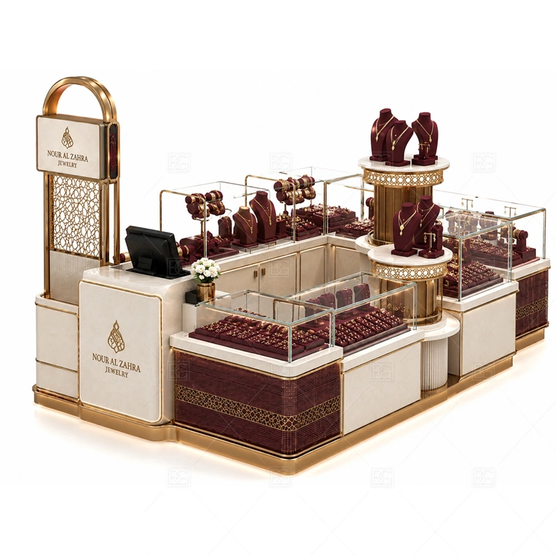 Burgundy Jewelry Kiosk with Round Display layout showing rounded counter flow that softens customer movement around the showcases shown in the burgundy jewelry kiosk with round display product photos, with gift-shopping traffic where quick browsing and secure staff access need to work together