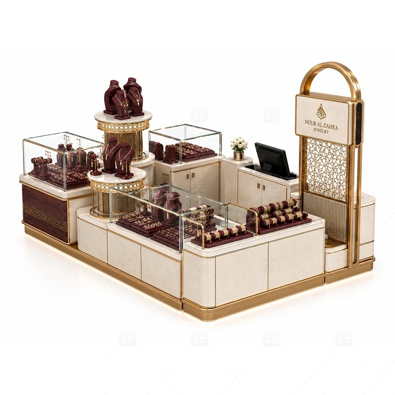 Burgundy Jewelry Kiosk with Round Display display detail for glass showcases and customer-facing jewelry display zones planned for rings, necklaces, watches, bracelets, gift sets, and small accessories in the burgundy jewelry kiosk with round display layout