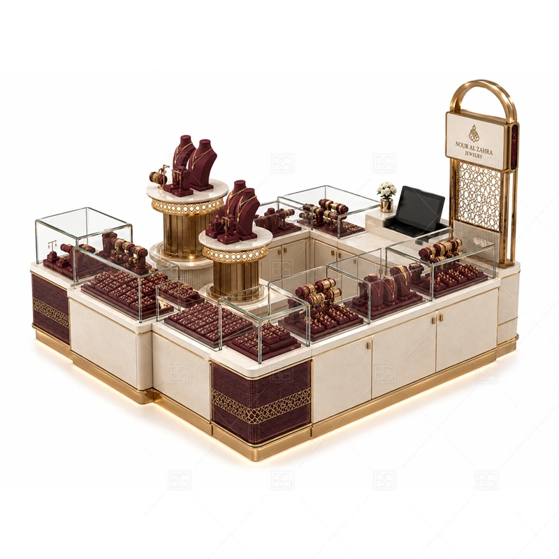 Burgundy Jewelry Kiosk with Round Display branding detail for logo sign and front brand panels coordinated with burgundy surfaces for a richer fashion jewelry impression for the burgundy jewelry kiosk with round display front presentation