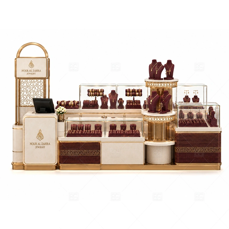 Burgundy Jewelry Kiosk with Round Display storage detail for under-counter tray drawers, lockable stock cabinets, POS space, and packaging storage planned for burgundy jewelry kiosk with round display