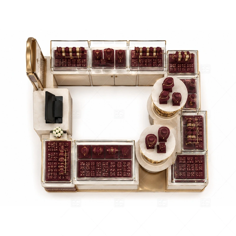 Burgundy Jewelry Kiosk with Round Display buyer planning detail for Burgundy Jewelry Kiosk with Round Display target size, glass showcase length, tray quantity, lockable drawer count, logo sign size, lighting color temperature, mall height limit, destination country