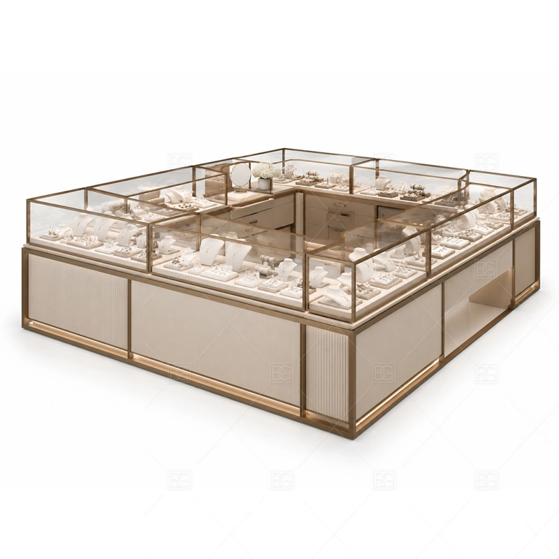 Champagne Gold Jewelry Kiosk with Glass Counters with warm gold accents for a premium jewelry presentation shown in the champagne gold jewelry kiosk with glass counters product photos, with glass showcase planning for secure jewelry display and clear product viewing