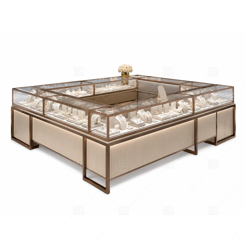 Champagne Gold Jewelry Kiosk with Glass Counters layout showing glass showcase planning for secure jewelry display and clear product viewing shown in the champagne gold jewelry kiosk with glass counters product photos, with boutique mall traffic where shoppers need time to inspect small products closely