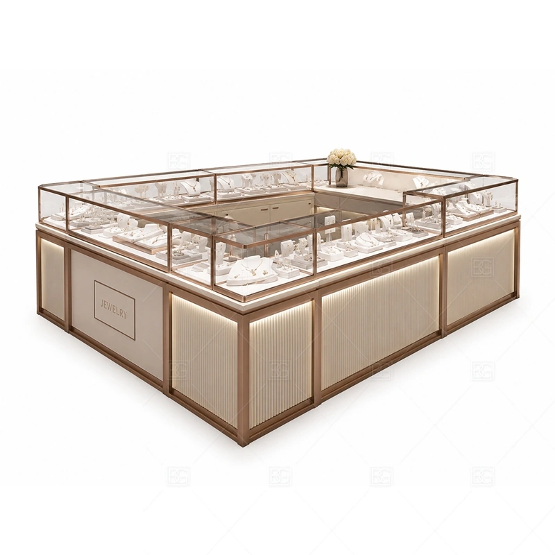 Champagne Gold Jewelry Kiosk with Glass Counters display detail for glass showcases and customer-facing jewelry display zones planned for rings, necklaces, watches, bracelets, gift sets, and small accessories in the champagne gold jewelry kiosk with glass counters layout