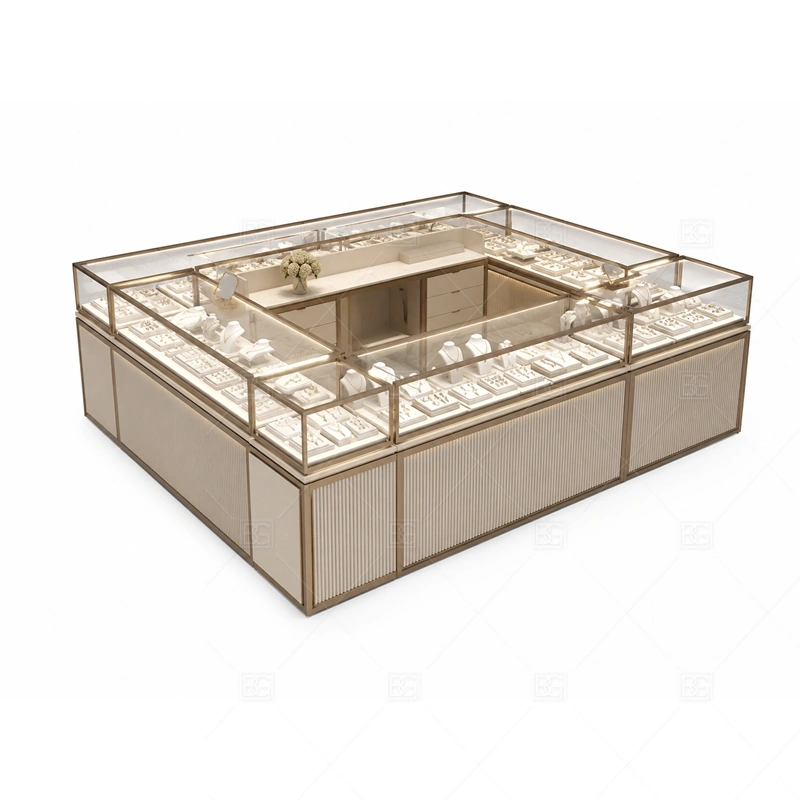 Champagne Gold Jewelry Kiosk with Glass Counters branding detail for logo sign and front brand panels coordinated with warm gold accents for a premium jewelry presentation for the champagne gold jewelry kiosk with glass counters front presentation